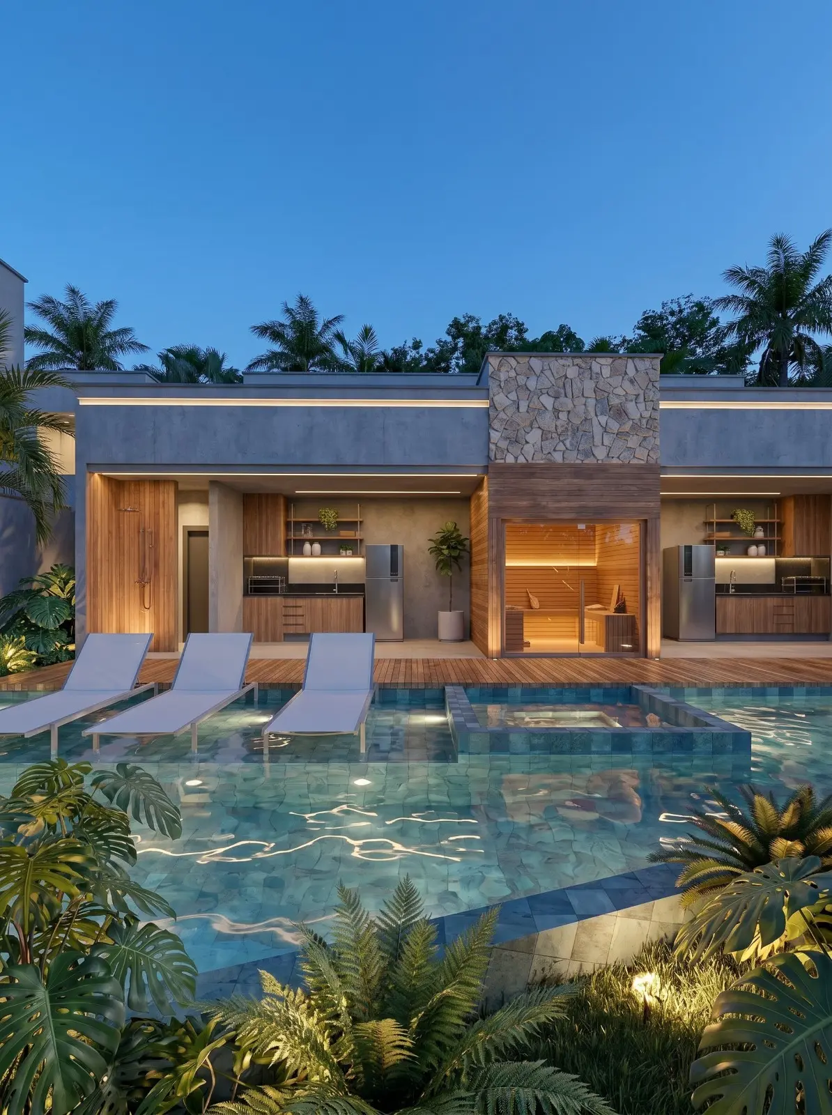 Piscina e espaço gourmet ao entardecer